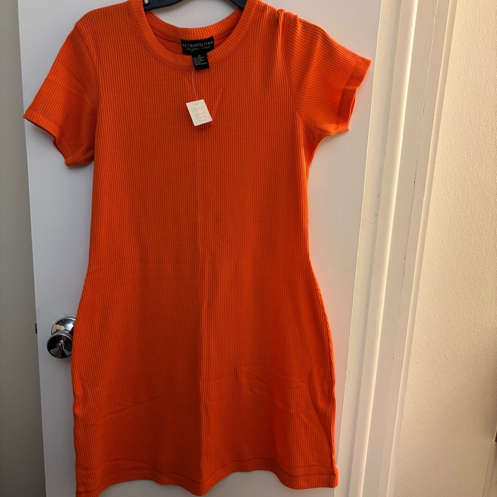 Metropolitan Orange Waffle knit mini dress body con sz M Lerner Retired VTG